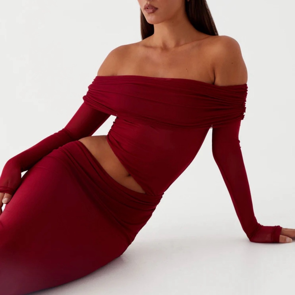 Peppermayo Off-Shoulder Long Sleeve Dress in Deep Red